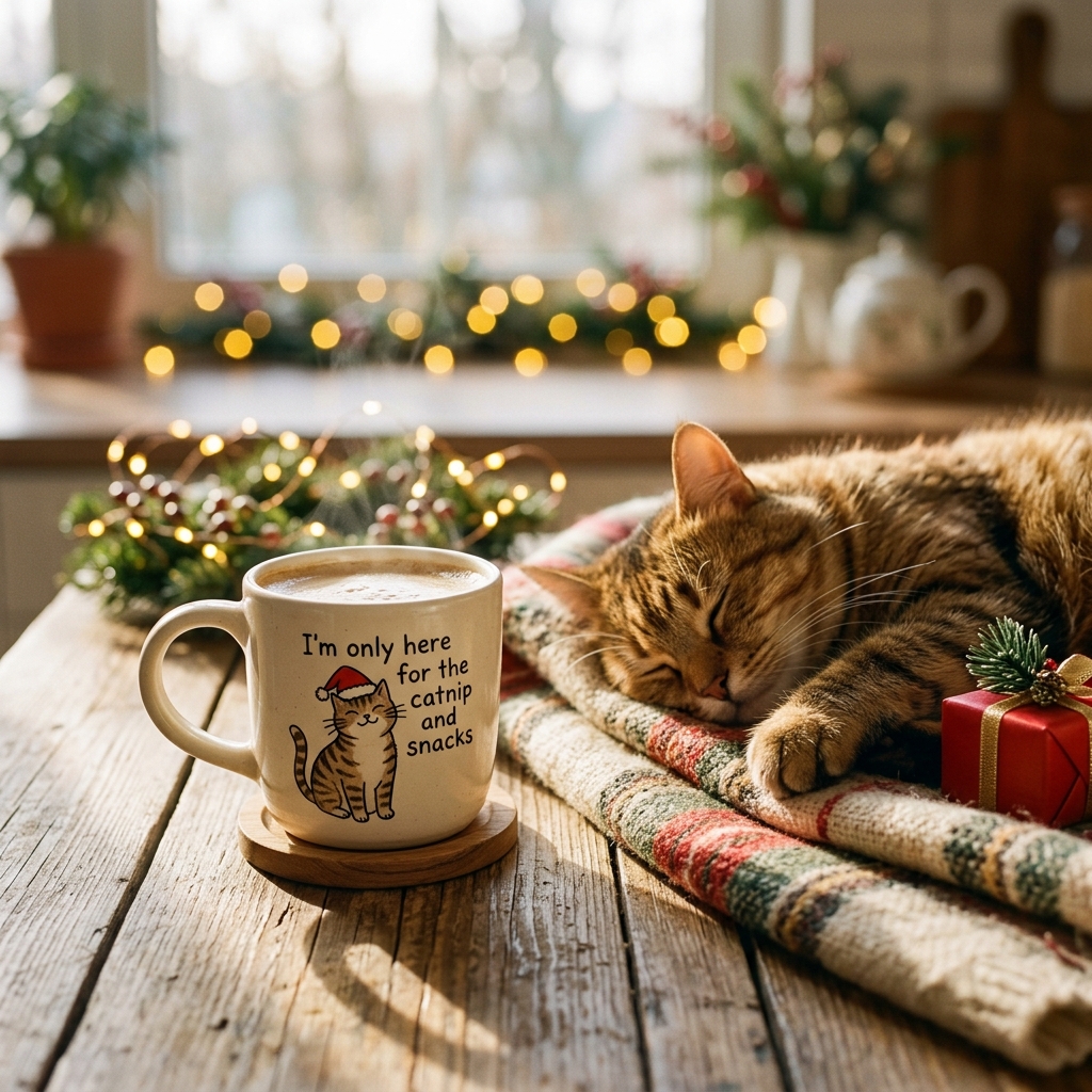 Funny cat coffee mug on a wooden table beside a snoozing tabby for a Christmas gifts for cat lovers guide