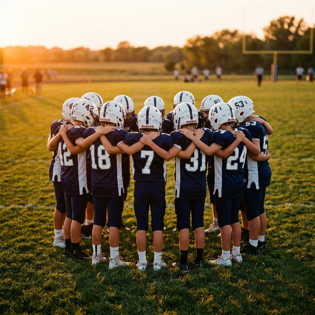 Youth football team huddle from behind at golden hour, the reason a football coach gift means something