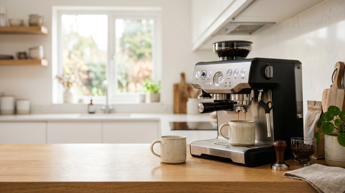 A modern espresso machine and matching mugs on a kitchen counter