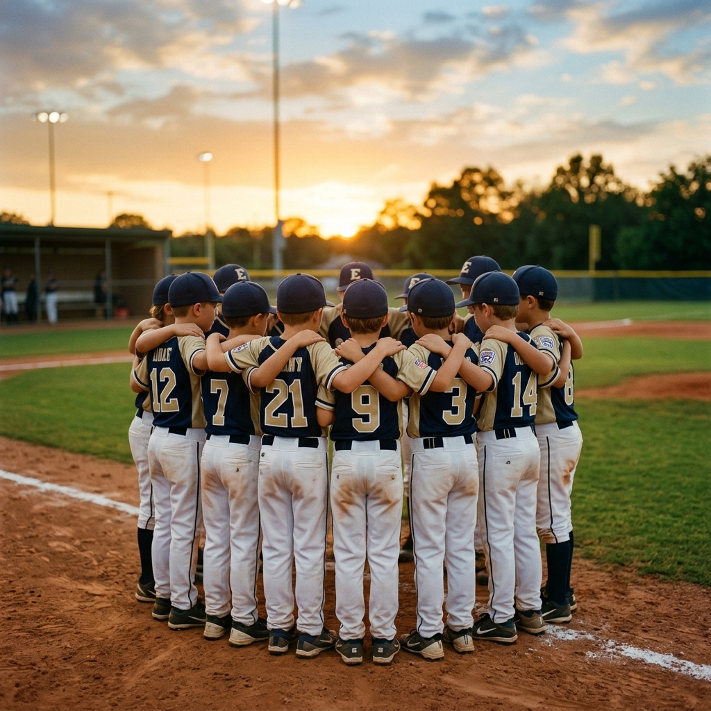 A youth baseball team in a huddle on the field at dusk