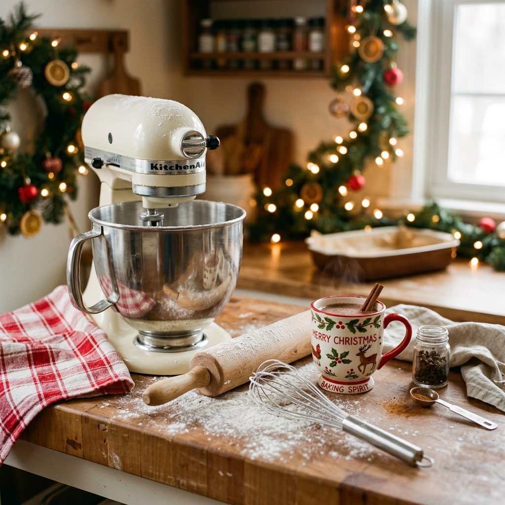 A cozy home kitchen counter with a stand mixer, rolling pin, whisk, and festive ceramic mug, dusted with flour under warm holiday lights, Christmas gifts for bakers