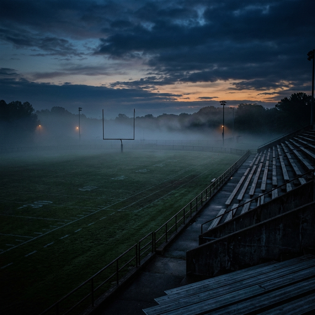 Empty high school football field at dusk with goal posts and light fog, a football coach gift mood