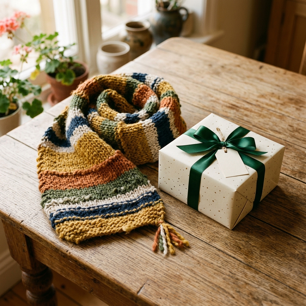 A lopsided handmade scarf next to a store-bought gift box