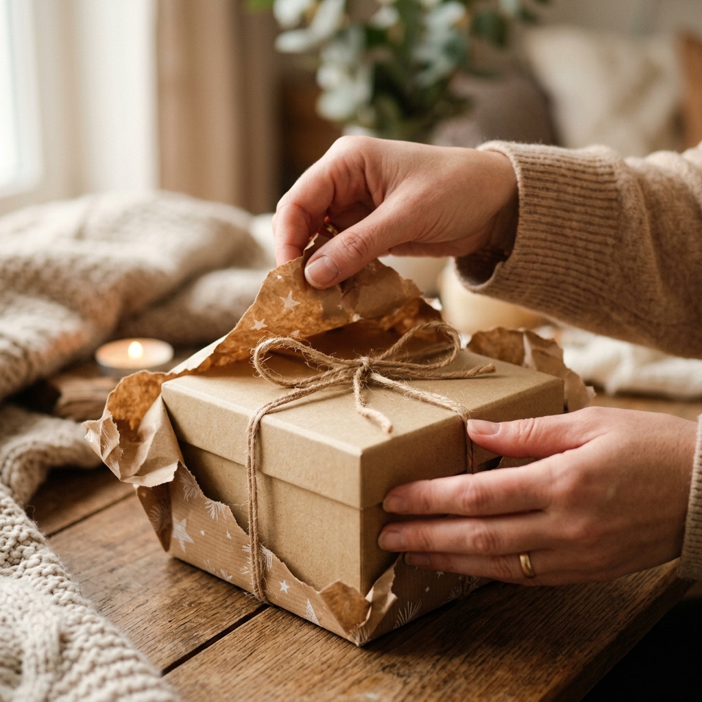 Hands opening a surprise gift box with torn wrapping paper