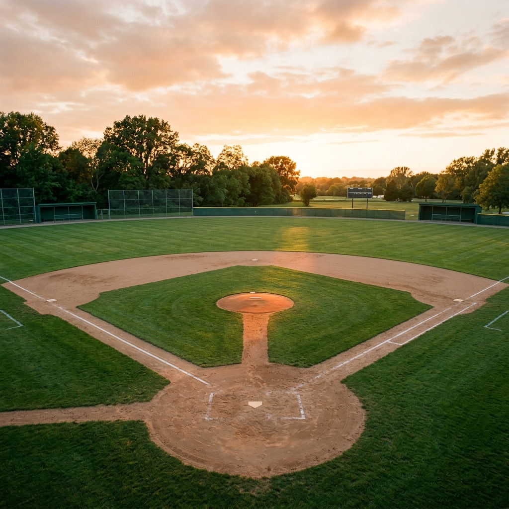 An empty baseball field at golden hour