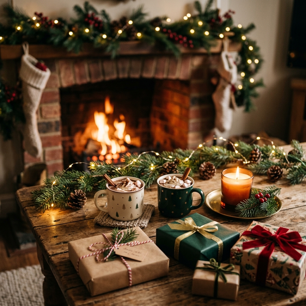 Wrapped Christmas gifts, a lit candle, and two ceramic mugs on a wooden table beside a glowing fireplace — good Christmas gifts for in-laws