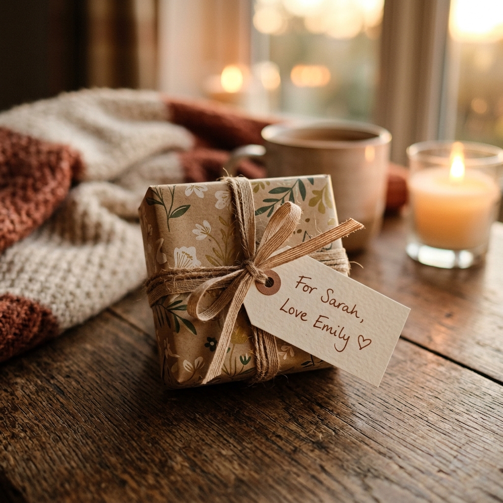 A small wrapped gift with a handwritten tag