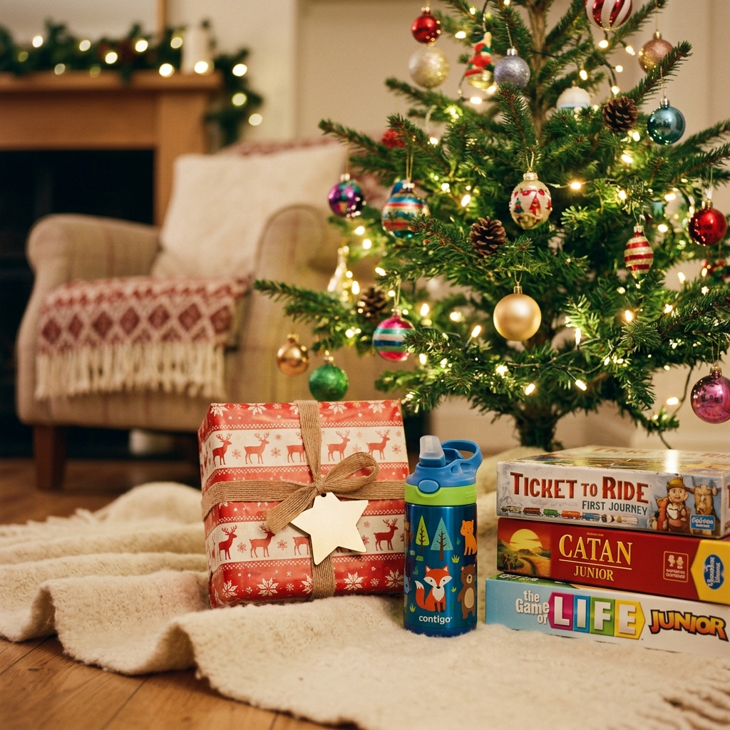 Wrapped Christmas gifts for kids beside a colorful water bottle and board games under a small tree with twinkle lights