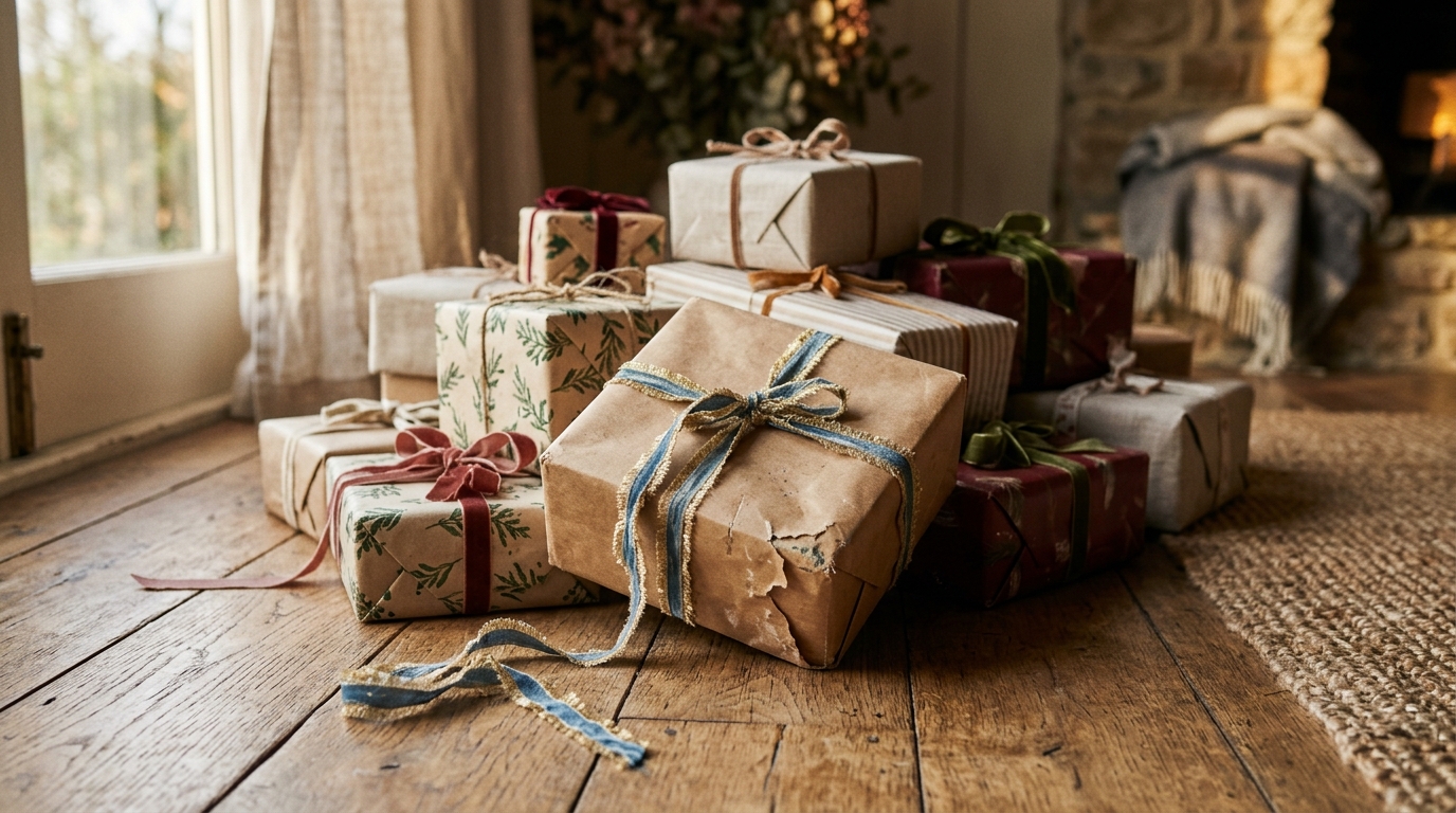 Haphazardly wrapped gifts piled on a wooden floor