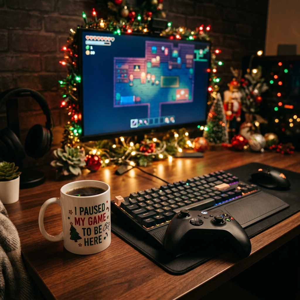 A cozy gaming desk at night with a funny ceramic coffee mug beside a keyboard and game controller, holiday string lights glowing, Christmas gifts for gamers