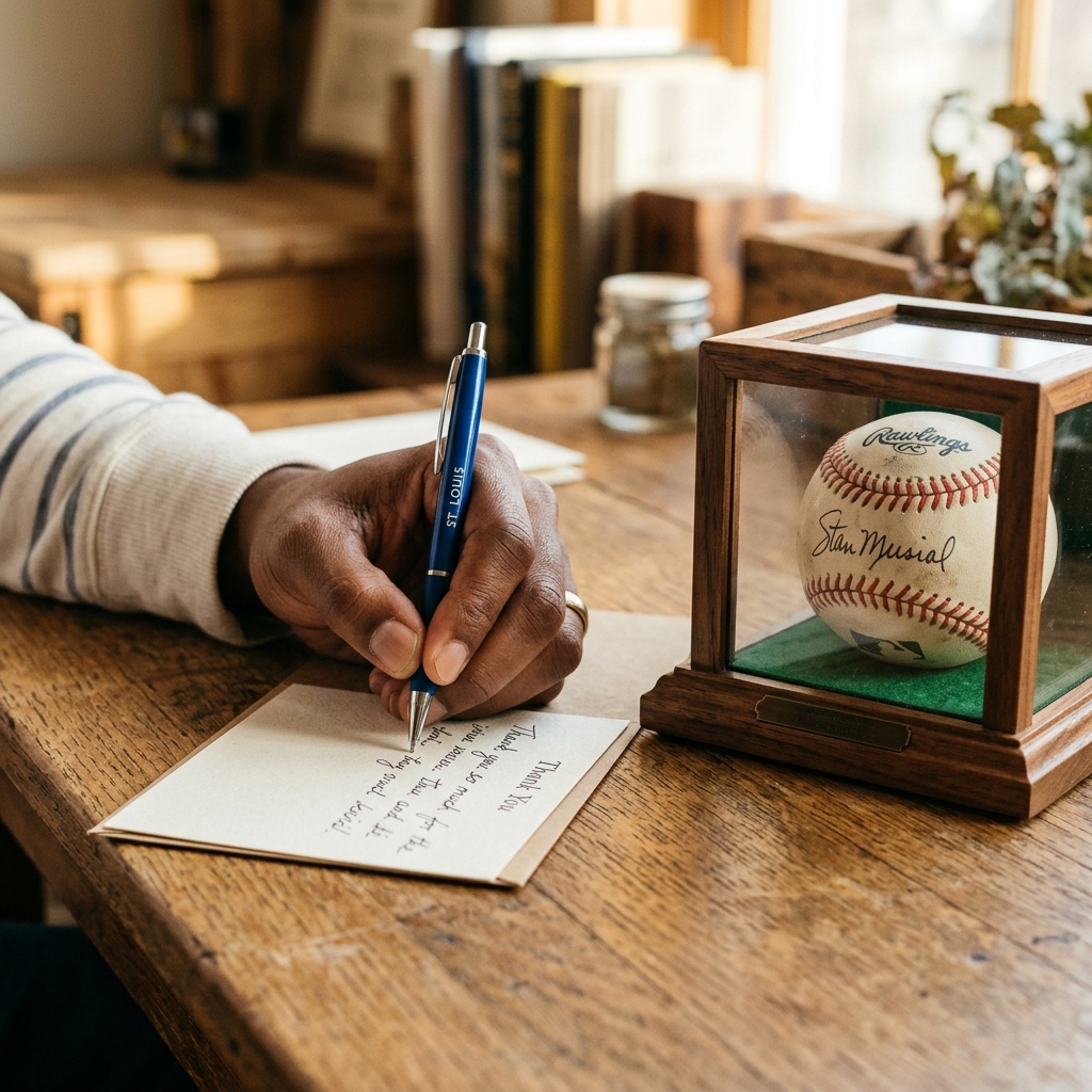 A hand writing a thank-you note beside a signed baseball in a display case