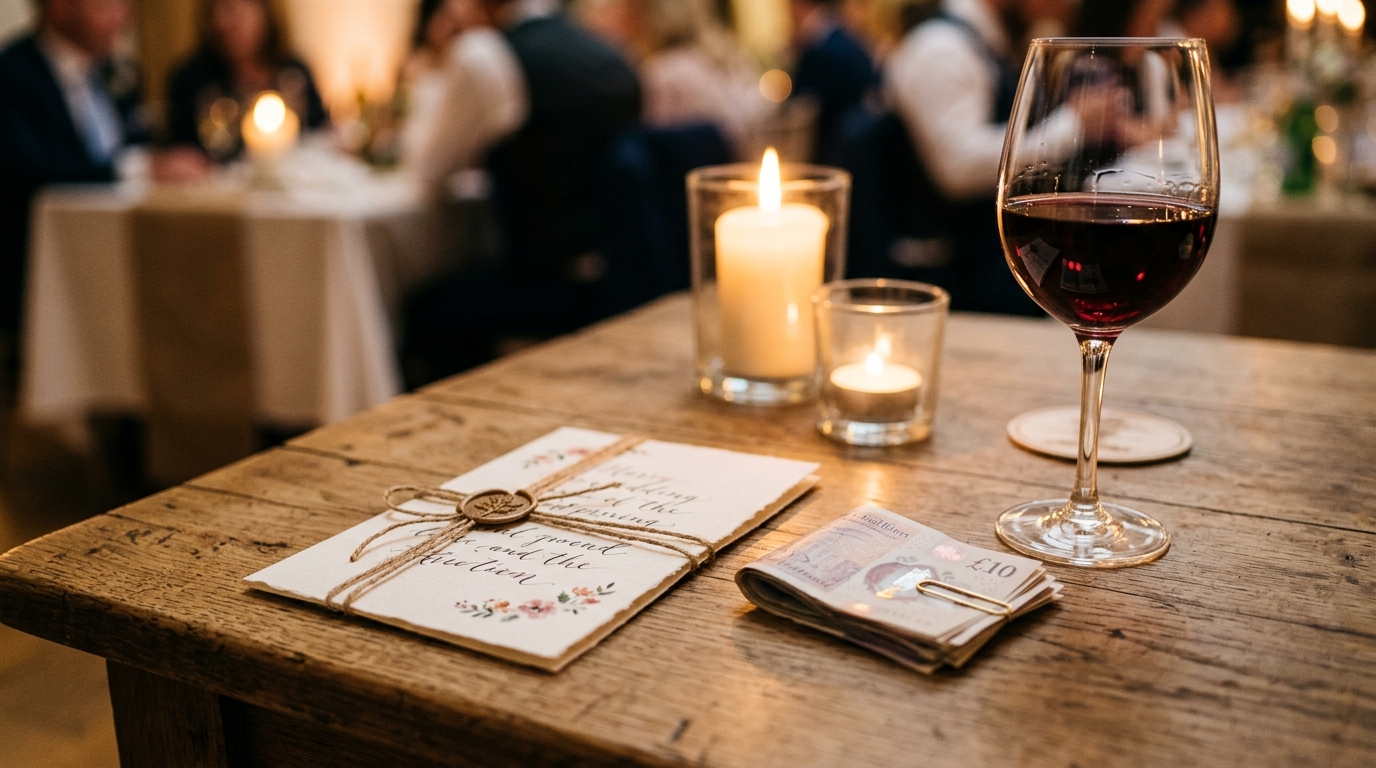 A handwritten wedding card beside a cash gift and a glass of wine
