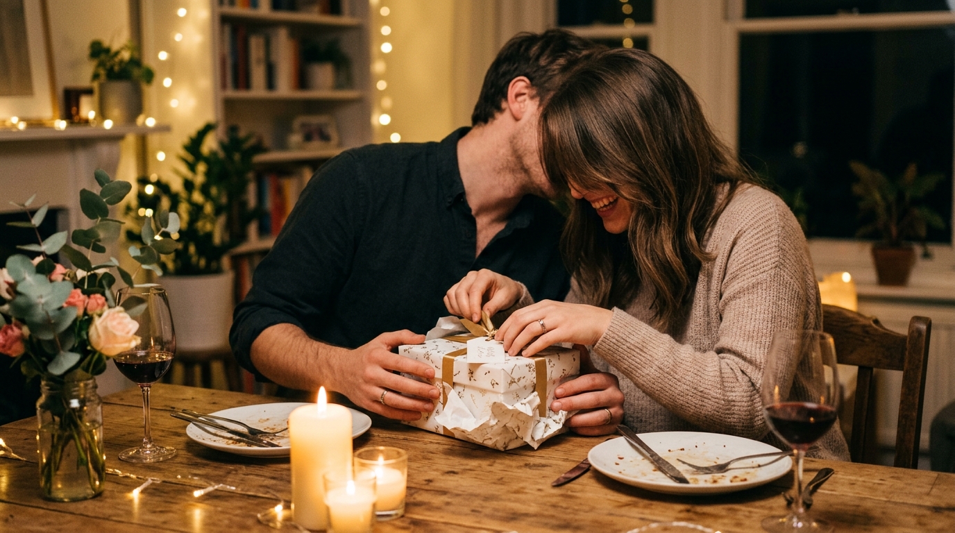 A young couple opening a wedding gift together at a candlelit dinner