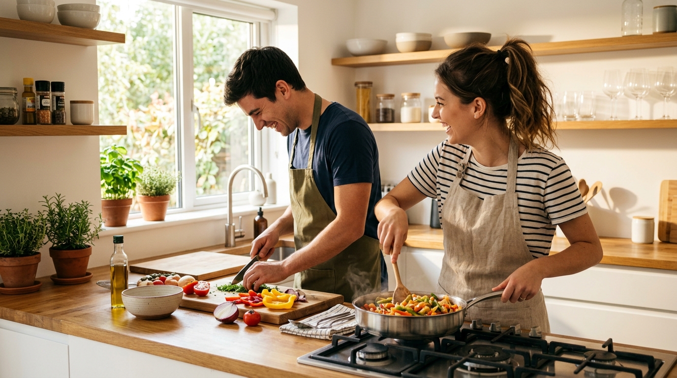 A young couple cooking dinner together in their kitchen