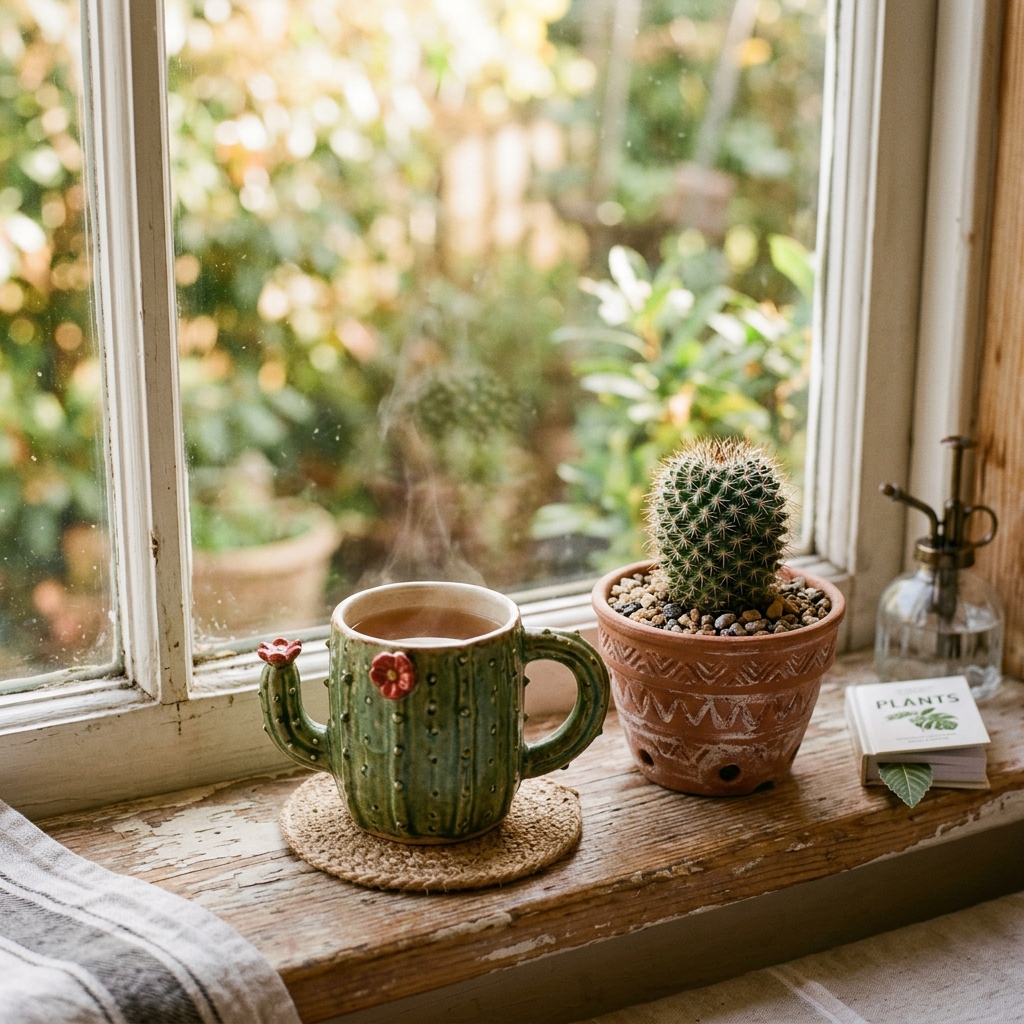 Cactus mug and small potted cactus on a sunlit windowsill, a Christmas gift for plant lovers